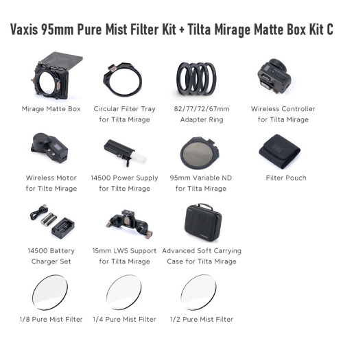 Tilta Mirage Matte Box Motorized VND Kit & Vaxis 95mm Pure Mist 1/2、1/4、1/8 Filter